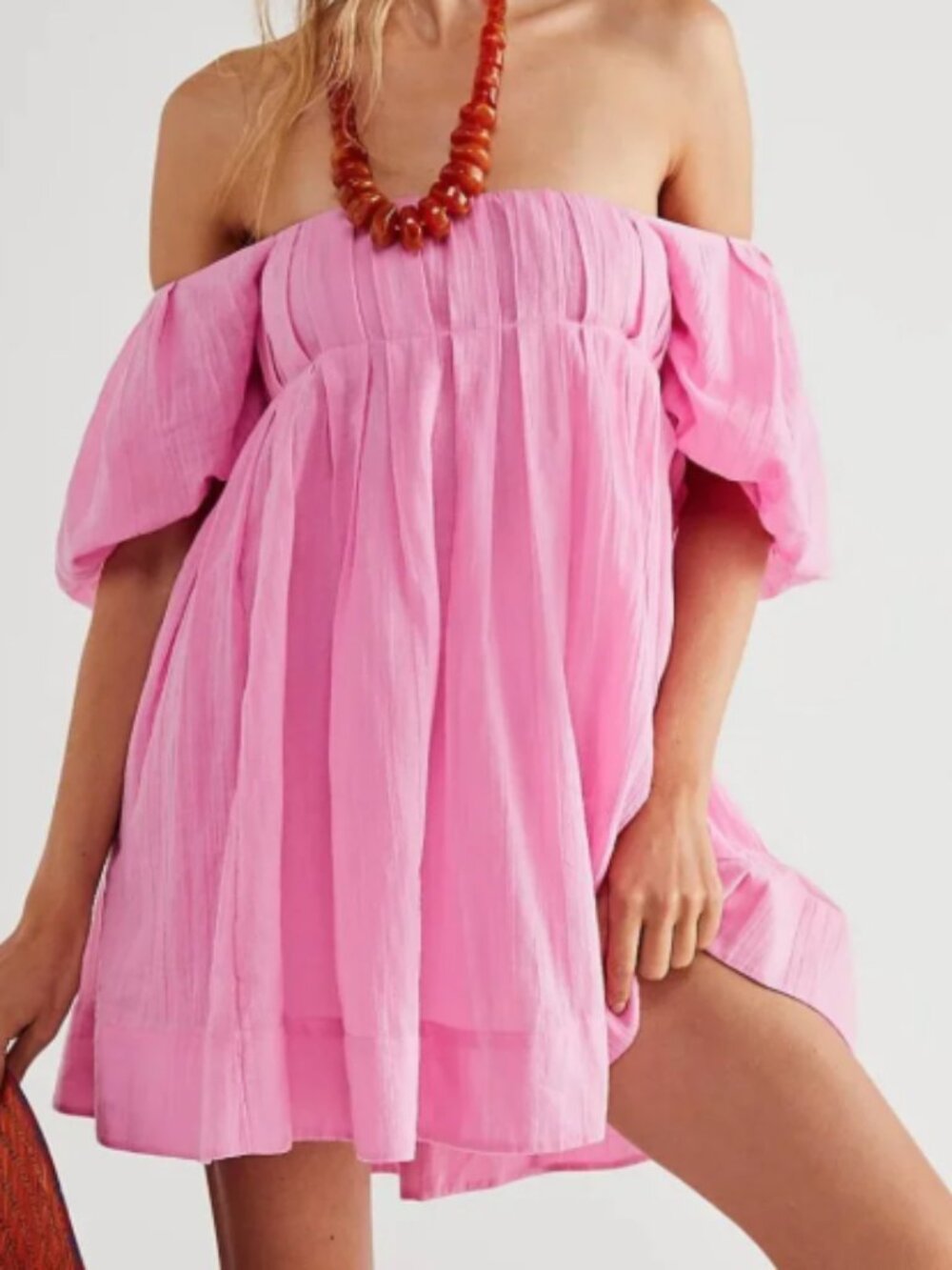 Free People Marina Mini Dress XS Rose Bloom Pink Puff Sleeve Open Back Cotton